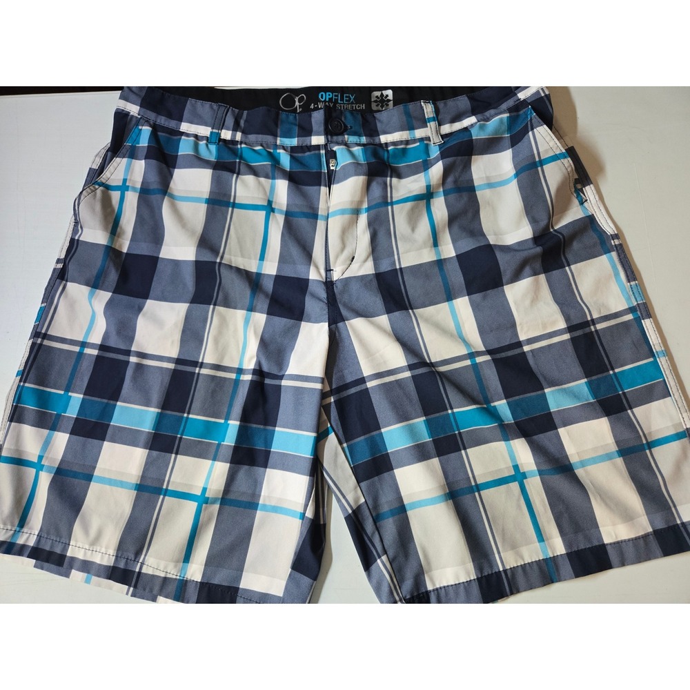 OPFLEX Mens Plaid 4 Way Stretch Board Shorts Size 40 Blue White